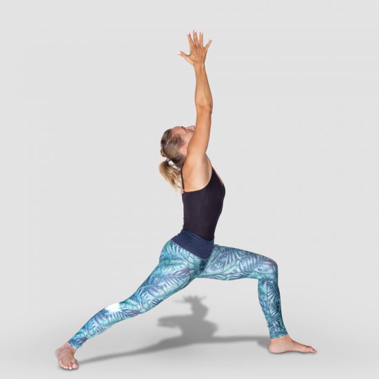 demonstration of Warrior 1, Virabhadrasana in sanskrit